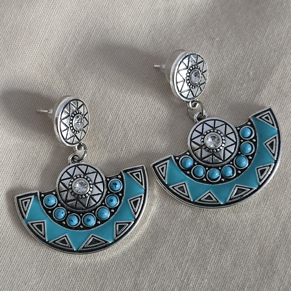 Turquoise and Silver Geometric Fan Earrings Aztec